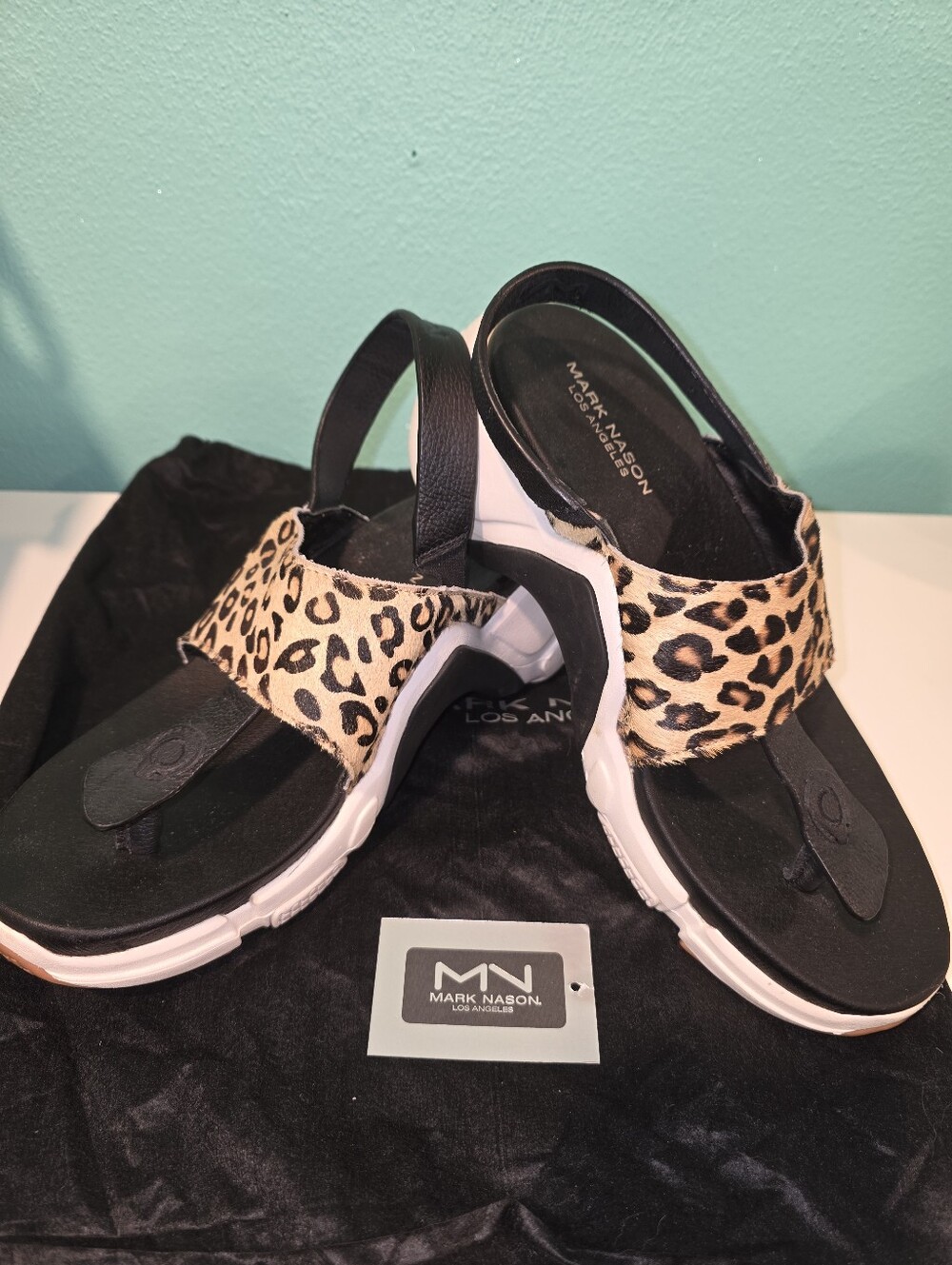Mark Nason Leopard-Print Calf Hair Platform Sandals in Black and Tan